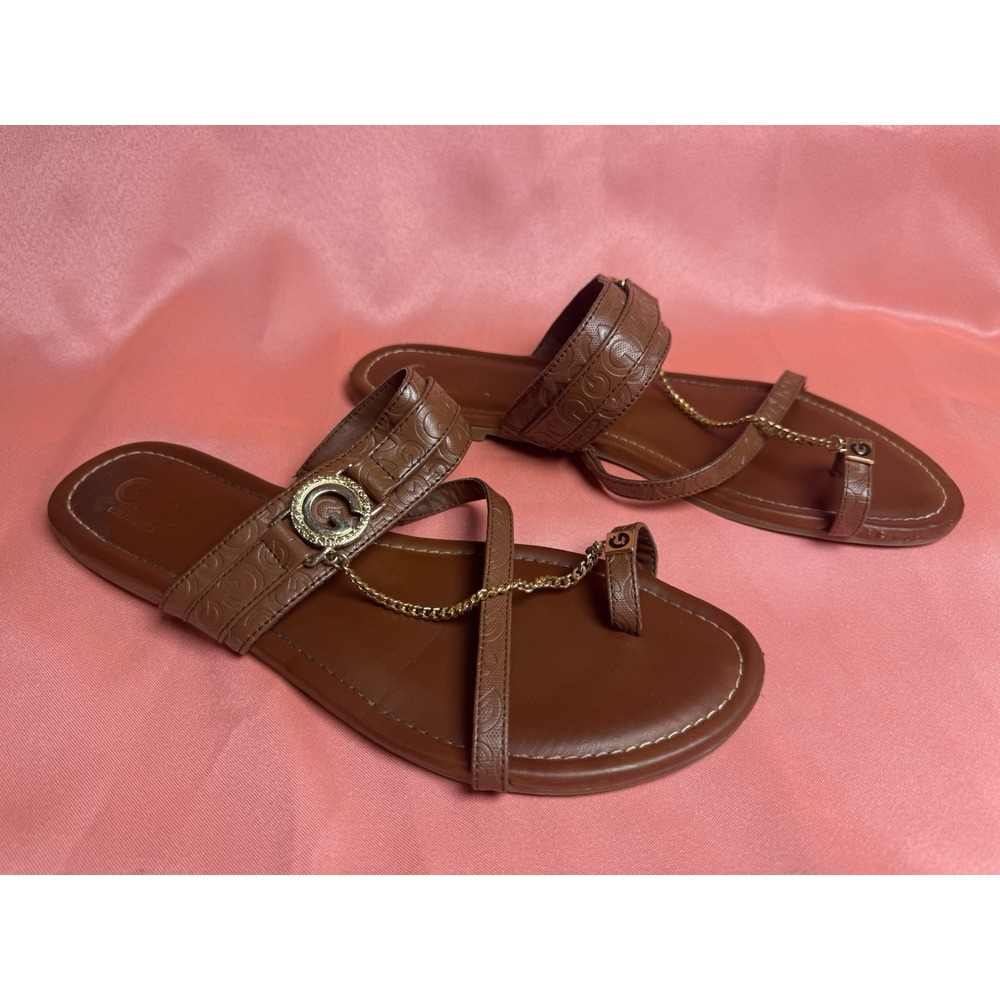 Guess Brown Logo T-Strap Chain Accent Slide Sandals Women's Size 11M